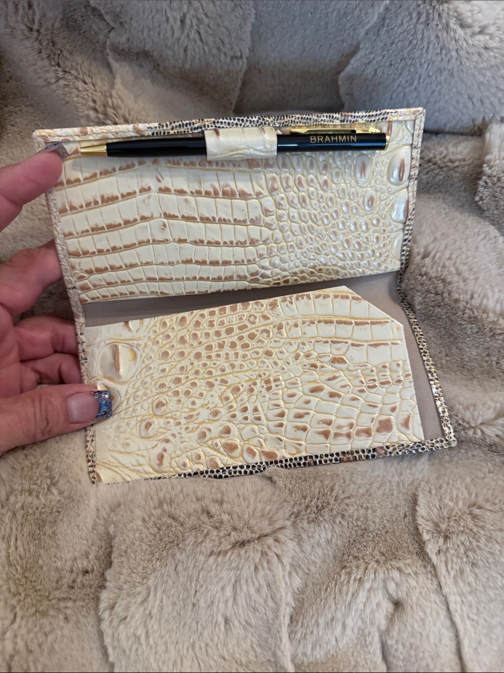 Brahmin Metallic Snake-Embossed Checkbook wallet in Gold and Cream - Picture 3 of 4